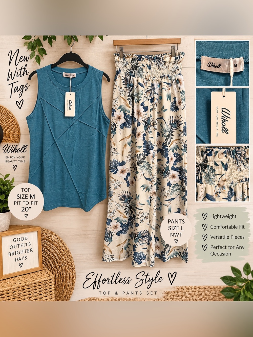 Wiholl Teal Sleeveless Top & Cream Floral Wide-Leg Pants Set